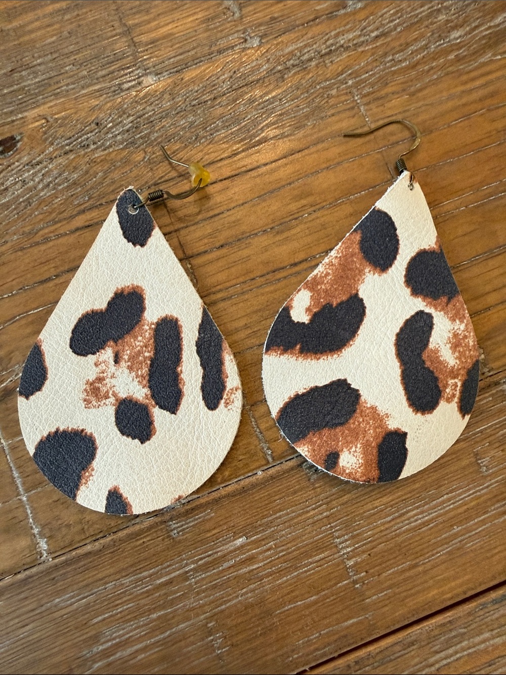 Leopard Print Teardrop Leather Earrings - Cream, Brown & Black